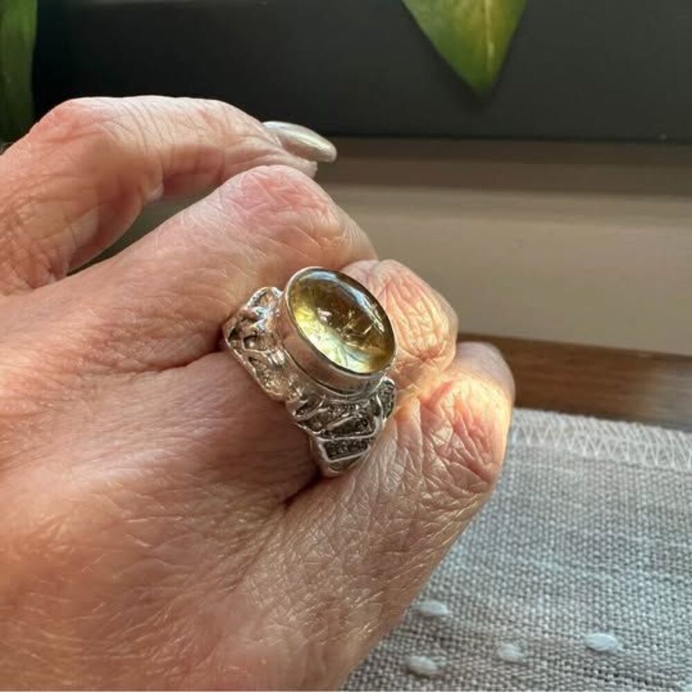 Citrine Oval Cabochon Ring 925 Sterling Silver Wide Band Statement Size 6.75